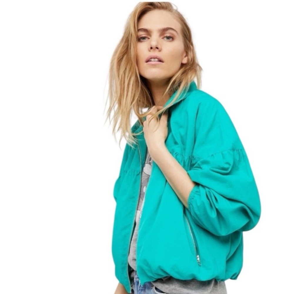 Free People Vintage Teal Blue Bomber Jacket